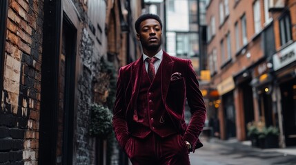 Naklejka premium A man in a burgundy velvet suit confidently walks through a stylish urban alleyway, exuding sophistication.