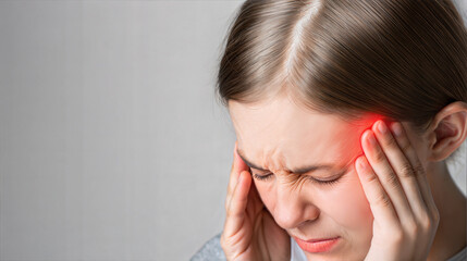 Fototapeta premium A young woman holds her head in pain, experiencing a severe headache or migraine.