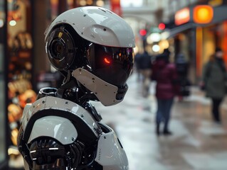 Fototapeta premium A futuristic robot stands in a shopping area, showcasing advanced technology and design.