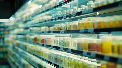 An aisle of neatly organized pharmacy shelves brimming with medicinal bottles stretches into the distance under bright fluorescent lighting.