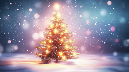Obraz premium Copy Space Banner: Shiny Christmas Tree with Glowing Lights on Blurred Winter Background