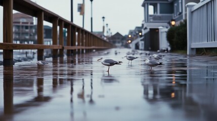 Obraz premium Seagulls wander on a wet boardwalk, reflecting city lights in a tranquil urban waterfront, creating a serene contrast with cloudy skies above.