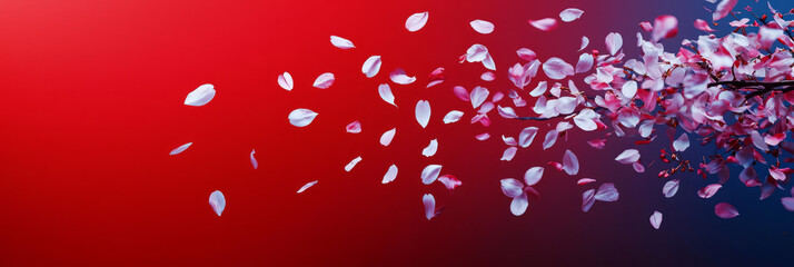 Abstract cherry blossom petals swirling like confetti over a red gradient background