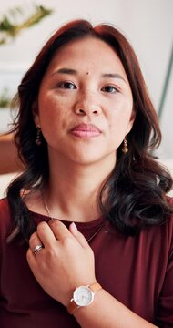 Healing, EFT tapping and face of woman with therapy for virtual support in holistic anxiety relief. Video call, portrait and Asian therapist in online meeting for mental health, advice or mindfulness