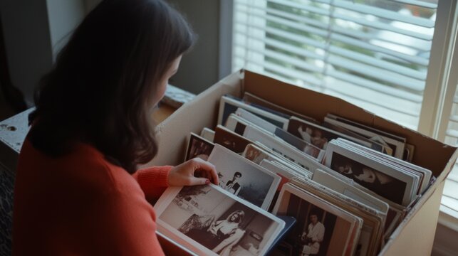 Woman nostalgically discovers old photographs from a box, immersed in memories by a softly lit window.