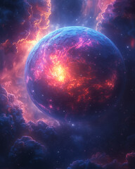 Obraz premium titanic planet radiates intense heat, veiled by cosmic clouds in a vivid celestial tableau
