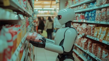 A robot cashier efficiently organizes groceries in a modern supermarket aisle, blending futuristic technology with everyday life.