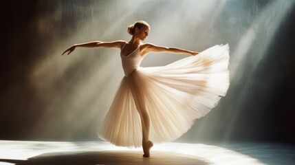 Fototapeta premium A graceful ballerina elegantly poised, bathed in ethereal light, embodying strength and delicate beauty in motion.