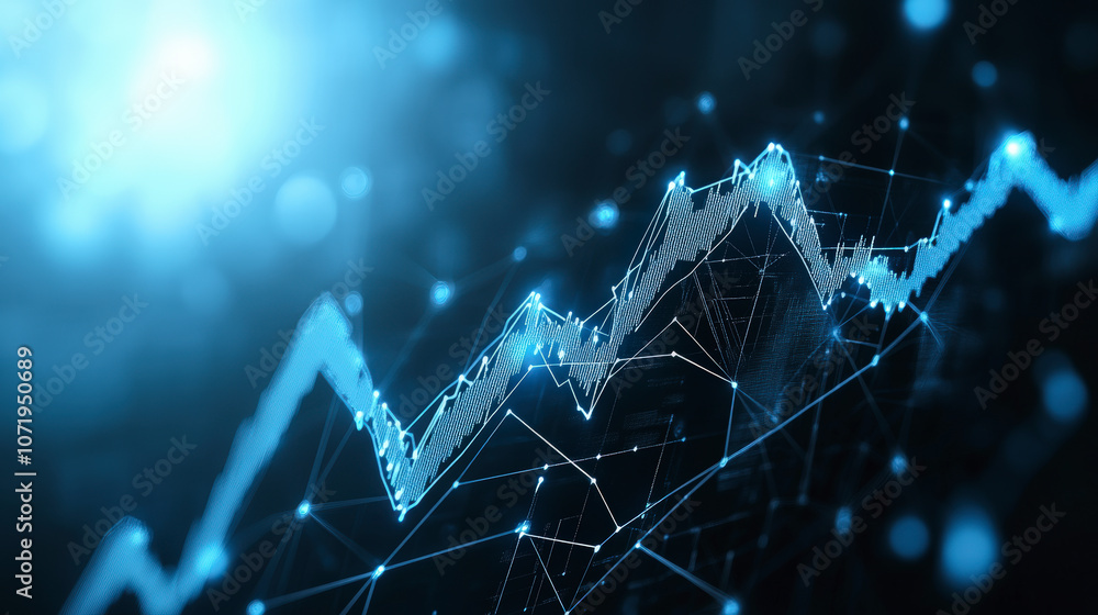 Poster a digital, abstract representation of a financial chart with fluctuating lines and glowing data poin