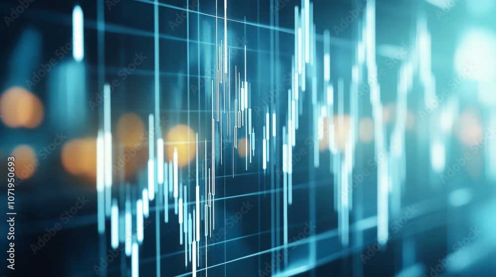 Poster a digital graphic displaying fluctuating financial stock market data, with vertical and horizontal g