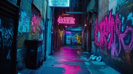 Obraz premium A gritty urban alleyway is vividly lit by neon pinks and blues, with graffitied walls and scattered debris, creating a moody, cyberpunk atmosphere.