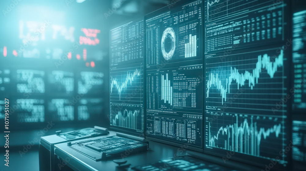 Poster multiple screens display financial data, charts, and graphs in a modern trading room, highlighting a
