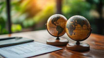 Two globes on a desk symbolize global business and international connections.