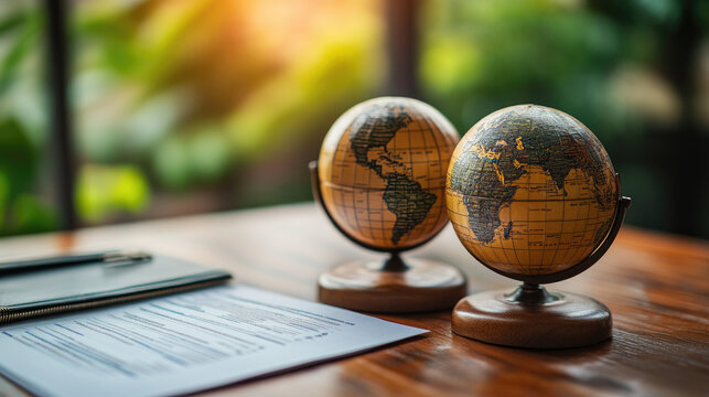 Two globes on a desk symbolize global business and international connections.