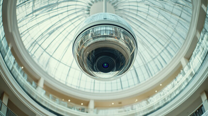 Fototapeta premium dome CCTV camera capturing panoramic view of modern atrium. camera hangs from glass ceiling, showcasing architectural elegance and security technology