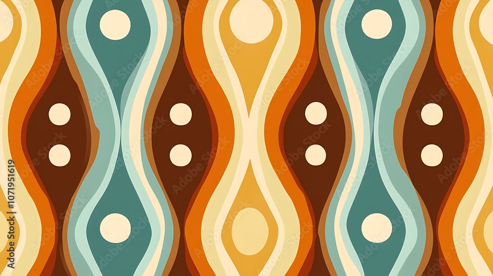 Poster a colorful retro-style abstract pattern featuring wavy lines and circular shapes.