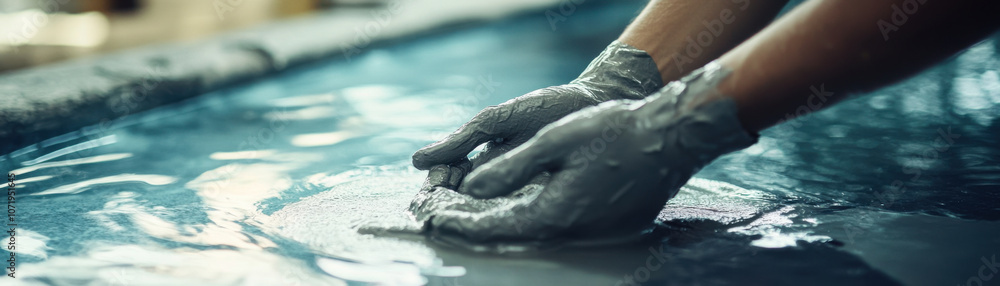 Aufkleber hands mixing plaster in blue container, creating smooth texture. focus is on gloved hands, emphasizi