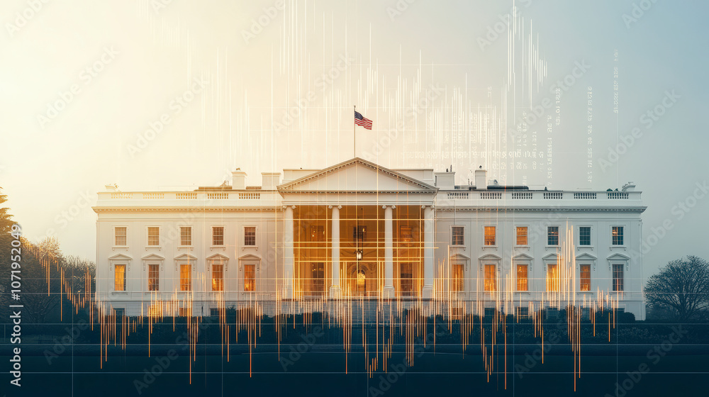 Poster the white house with an overlay of abstract data visualizations, capturing a fusion of politics and 