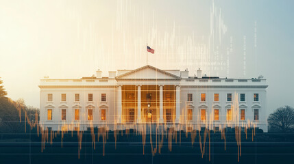 The White House with an overlay of abstract data visualizations, capturing a fusion of politics and technology in a modern context.