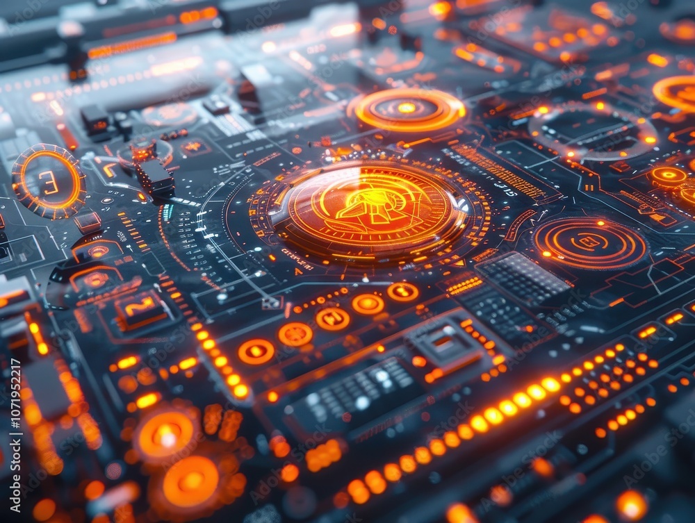 Poster a futuristic digital interface with glowing orange elements and intricate circuitry design.