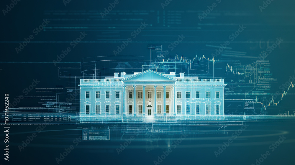 Poster digital depiction of the white house with abstract data overlays, symbolizing technology, governance