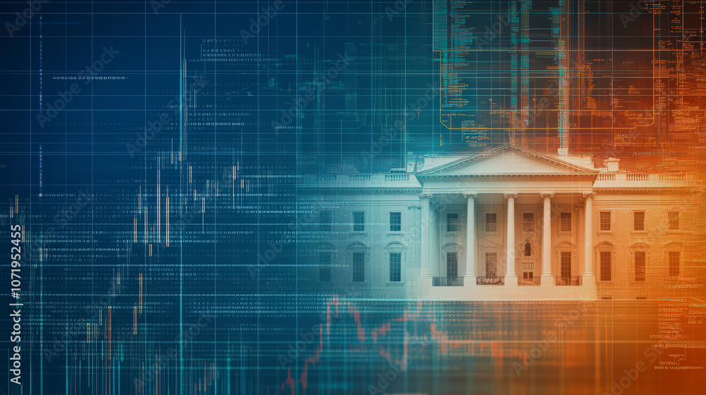 Poster the image depicts the white house overlaid with digital data patterns, symbolizing the intersection 