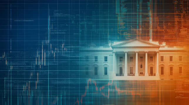 The image depicts the White House overlaid with digital data patterns, symbolizing the intersection of technology and politics or governmental influence on technology.