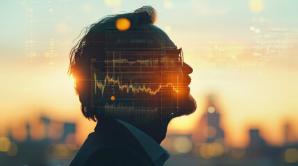 Silhouette of a man with a digital financial graph overlay, set against a cityscape during sunset, symbolizing futuristic business technology.
