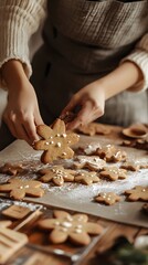 Female baker decorating gingerbread cookies in a cozy kitchen setting.