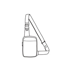 Small sling bag for men and women cross body sling chest bag for travel and hiking line art. Outline vector doodle illustration front view. Isolated on a white background