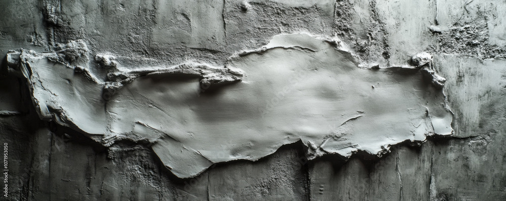 Poster textured plaster wall with uneven surface and gray tones, showcasing application process and artisti