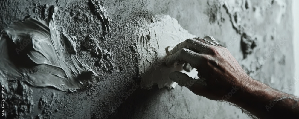 Poster worker applying plaster to wall, showcasing texture and technique involved in process. hand is skill