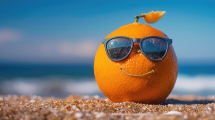 Obraz premium A smiling orange with sunglasses on the beach, with a tropical drink behind. Fun concept of summer vibes.