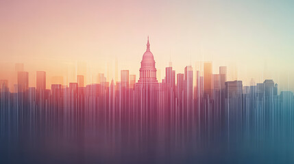 Obraz premium A dreamy cityscape featuring a prominent dome structure surrounded by skyscrapers, with a soft, blurred effect and warm sunset hues.