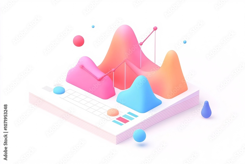 Poster 3d isometric chart design with line graphs and colorful shapes