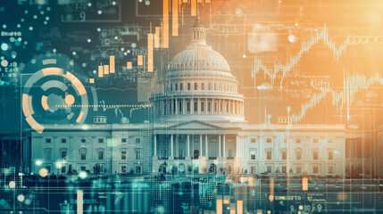 The image depicts the U.S. Capitol building with overlaid graphics of financial charts and data, symbolizing the intersection of politics and economics.