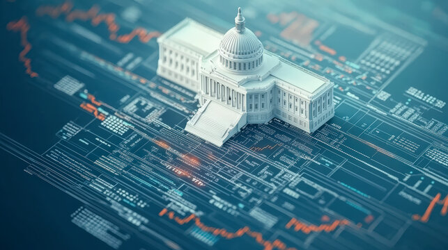 A 3D model of the U.S. Capitol Building is overlaid on a digital background resembling circuit board and stock market data graphics.