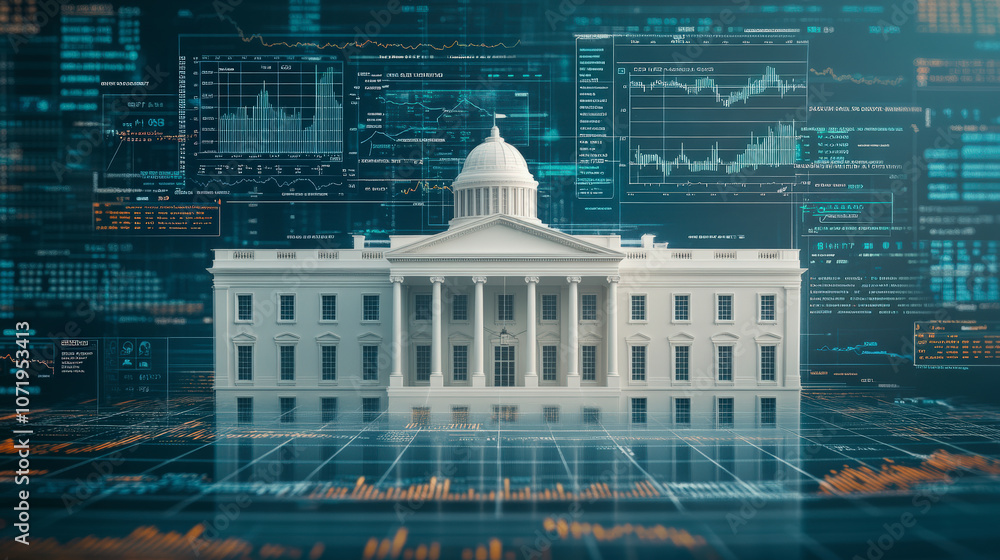 Poster a digital representation of a government building, surrounded by data charts and graphs, symbolizing