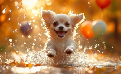 A playful Chihuahua jumps through splashing water surrounded by colorful beach balls on a sunny day