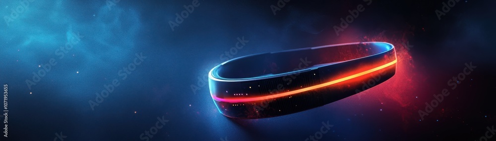 Poster a compact ai chip embedded in a wearable device glowing, futuristic puck floats in a cosmic backgrou
