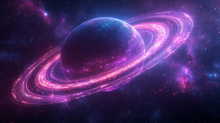Naklejka premium luminous pink planet with sprawling rings, glowing amidst the starlit darkness of space