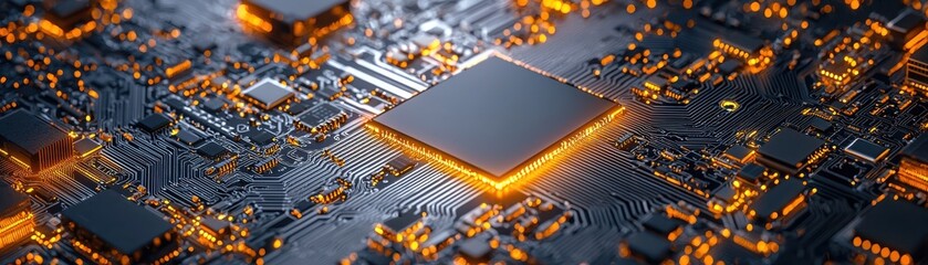 A compact AI chip embedded in a wearable device, a closeup view of a microchip on a circuit board, illuminated with warm orange lights, showcasing intricate details and technology.