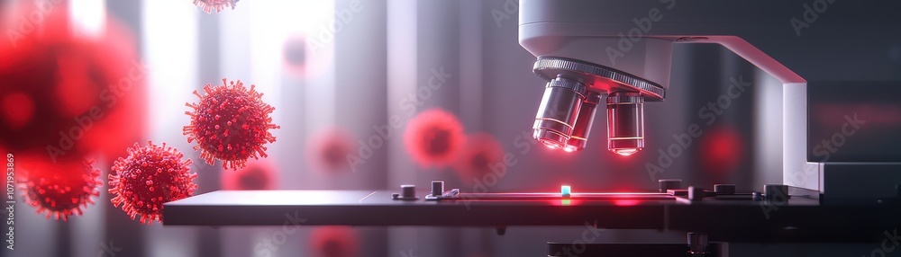 Poster a futuristic microscope examines red viruses in a lab setting, highlighting the intersection of tech