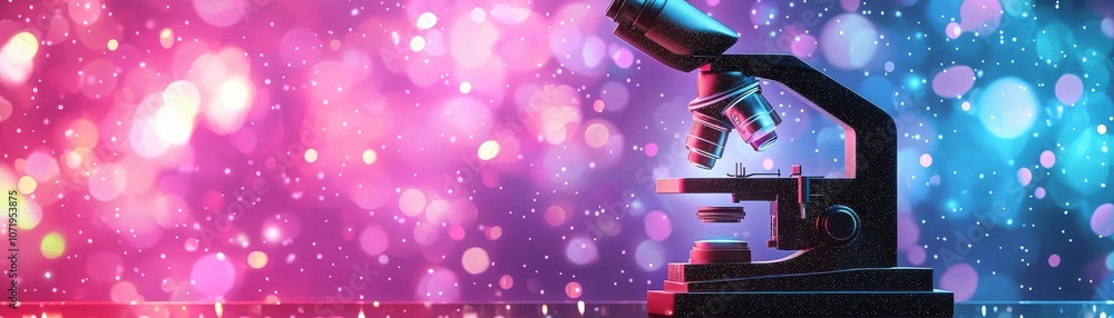 Poster a vibrant microscope illuminated against a colorful bokeh background, representing science and disco