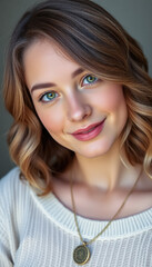 Naklejka premium Portrait of attractive young woman with long curly brown hair in white low-cut sweater smiling tenderly at camera with silver necklace against minimalistic interior background.