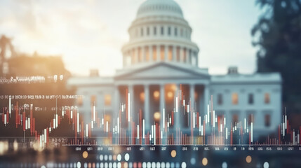 Financial graphs overlay the blurred image of a government building, symbolizing the intersection of economics and politics in decision-making processes.