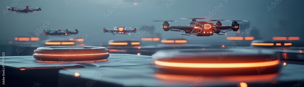 Poster a futuristic scene featuring multiple drones hovering above illuminated platforms with a high-tech a