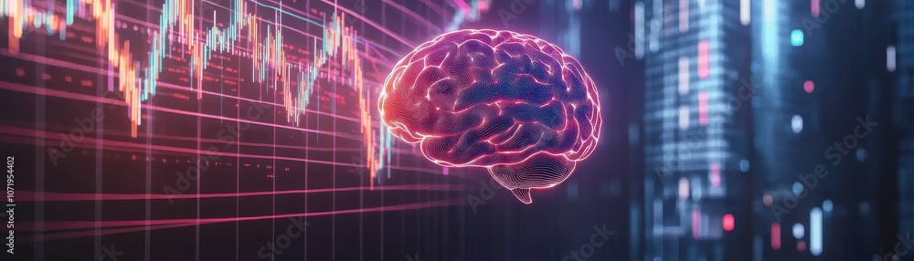 Poster a digital representation of a brain intertwined with financial data, symbolizing the intersection of