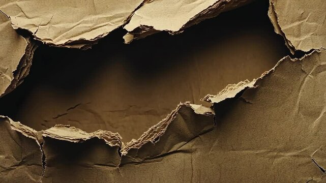 A torn piece of brown cardboard reveals a dark space behind it
