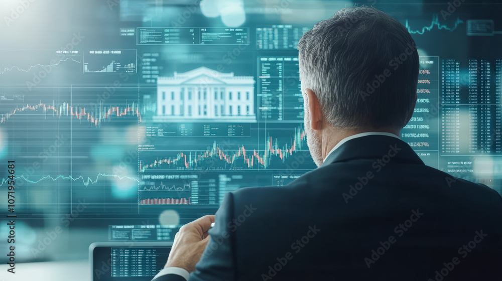 Poster a person analyzing financial data and stock market trends on multiple screens in a futuristic settin